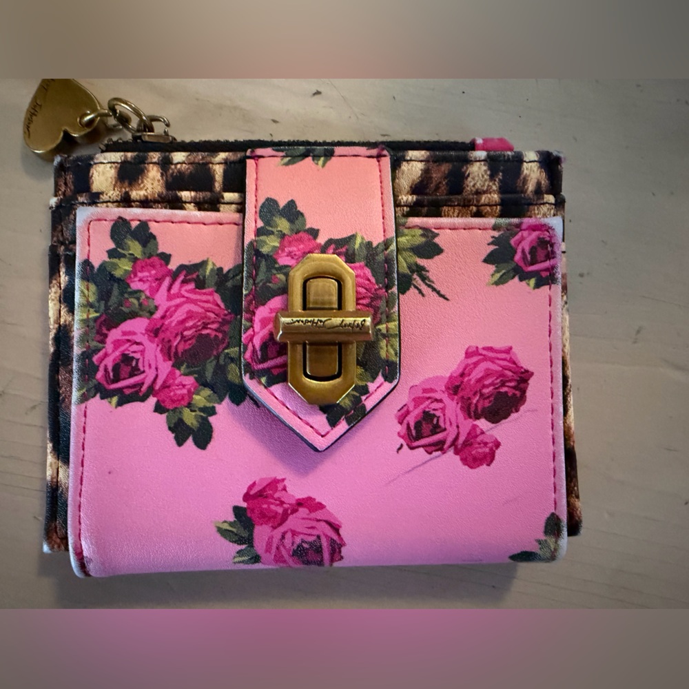 Betsey Johnson Pink Floral Wallet with Leopard Accents